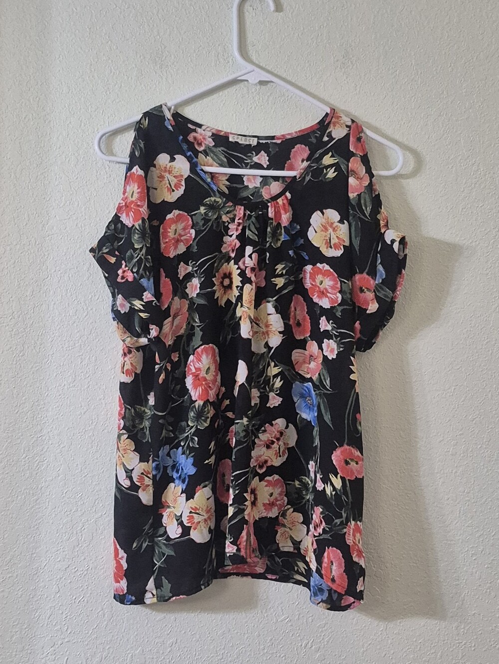 Spense Black Floral Cold-Shoulder Tunic with Pink & Blue Blooms